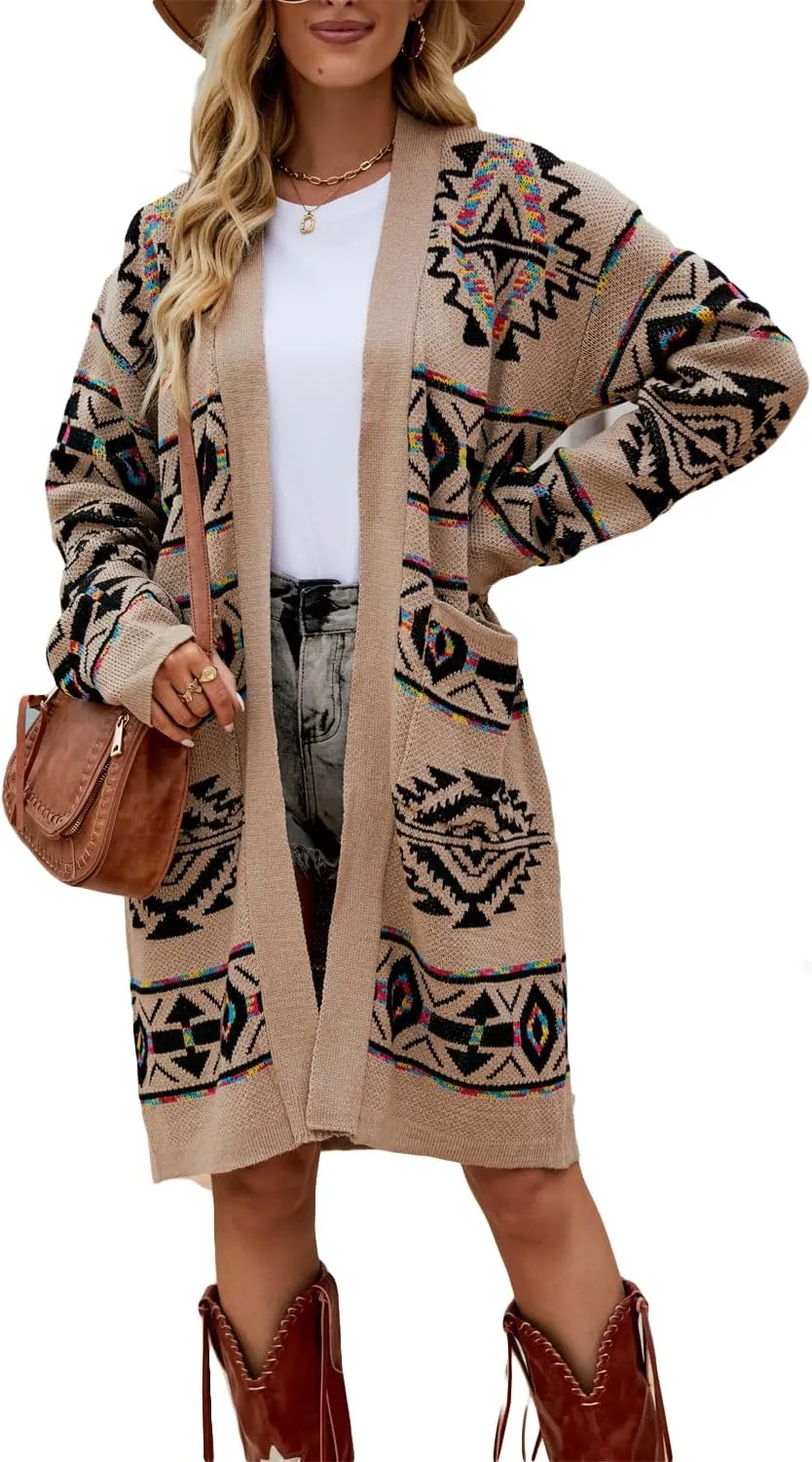 ZOCAVIA Women's Aztec Knit Cardigan Ethnic Vintage Geometric V Neck Long Sleeve Open Front Cardigan Sweater Outwear Coats