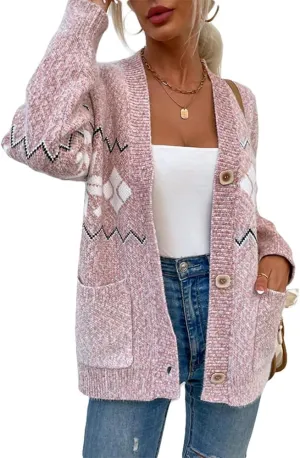 ZOCAVIA Women's Aztec Knit Cardigan Ethnic Vintage Geometric V Neck Long Sleeve Open Front Cardigan Sweater Outwear Coats