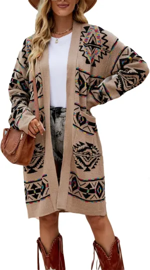 ZOCAVIA Women's Aztec Knit Cardigan Ethnic Vintage Geometric V Neck Long Sleeve Open Front Cardigan Sweater Outwear Coats