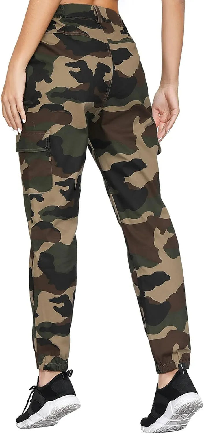 ZODLLS Women's Camo Pants Cargo Trousers Cool Camouflage Pants Elastic Waist Casual Multi Jogger Pants with Pocket