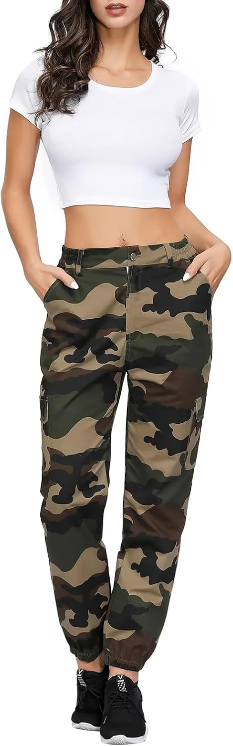 ZODLLS Women's Camo Pants Cargo Trousers Cool Camouflage Pants Elastic Waist Casual Multi Jogger Pants with Pocket