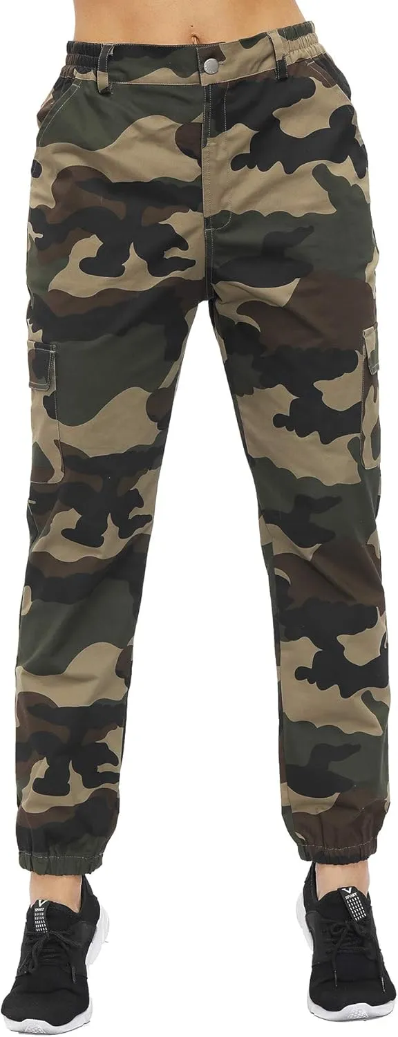 ZODLLS Women's Camo Pants Cargo Trousers Cool Camouflage Pants Elastic Waist Casual Multi Jogger Pants with Pocket