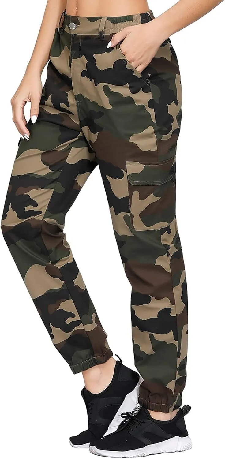 ZODLLS Women's Camo Pants Cargo Trousers Cool Camouflage Pants Elastic Waist Casual Multi Jogger Pants with Pocket