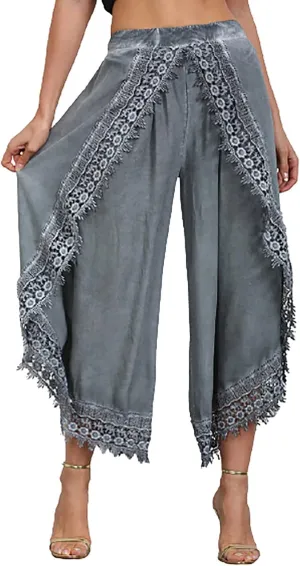 ZYXTIM Women Summer Boho Floral Printed Layered Wide Leg Pants Side Split Elastic Waist Loose Casual Beach Palazzo Pant Capri