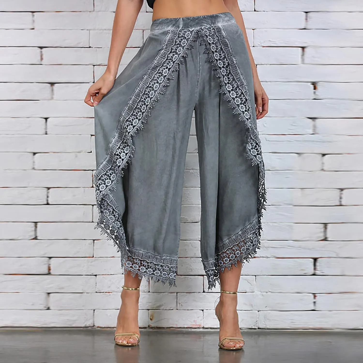 ZYXTIM Women Summer Boho Floral Printed Layered Wide Leg Pants Side Split Elastic Waist Loose Casual Beach Palazzo Pant Capri